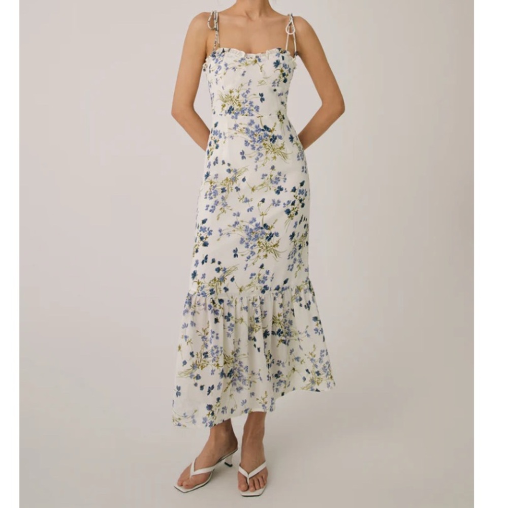 Commense White Floral Midi Dress with Blue and Green Print